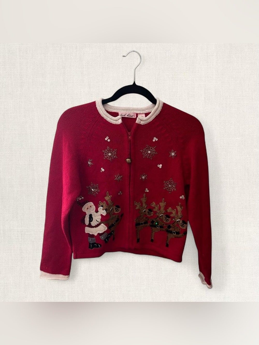 Derek Heart Kids Red Zip-Up Holiday Sweater with Santa & Reindeer